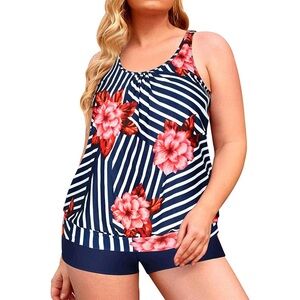 Plus Size Two Piece Tankini Blouson Top with Boyshorts